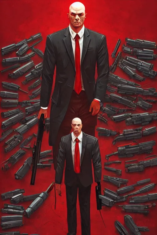 Image similar to a portrait of agent 4 7 from hitman choosing a weapon from a wall full of guns, dark background, red rim light, highly detailed, digital art, artstation, concept art by giger stalenhag