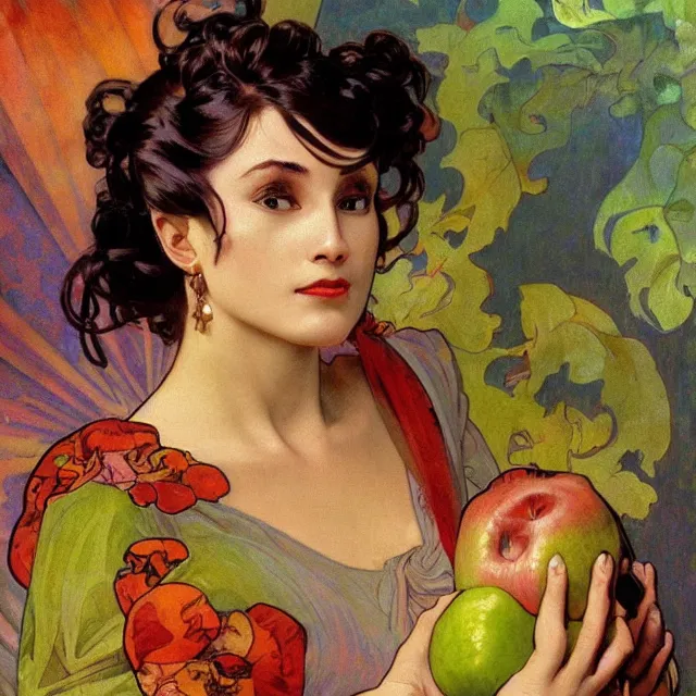 Prompt: an aesthetic! detailed close - up portrait of an aesthetic woman, dressed in silk, crying while holding an apple, by frank frazetta and alphonse mucha, oil on canvas, bright colors, art nouveau, epic composition, dungeons and dragons fantasy art, hd, god - rays, ray - tracing, crisp contour - lines, huhd - 8 k