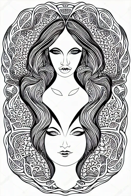 Image similar to portrait of beautiful women ornate luxury fractal ink drawing line art colouring page, vector, colorful, margins, fine lines, centered