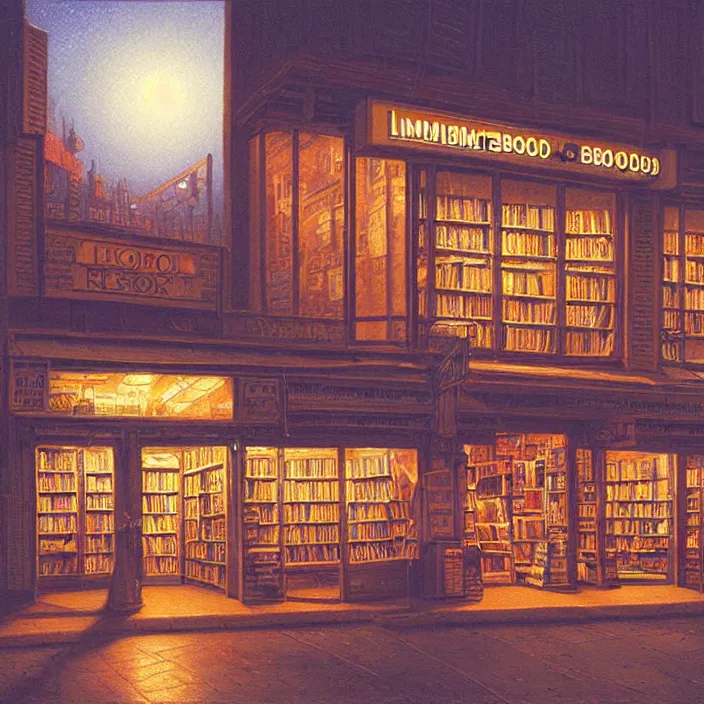 Prompt: liminal polaroid of a book shop at night, art by tim hildebrandt, deep depth of field. highly detailed, hyper realism, hd, 4 k