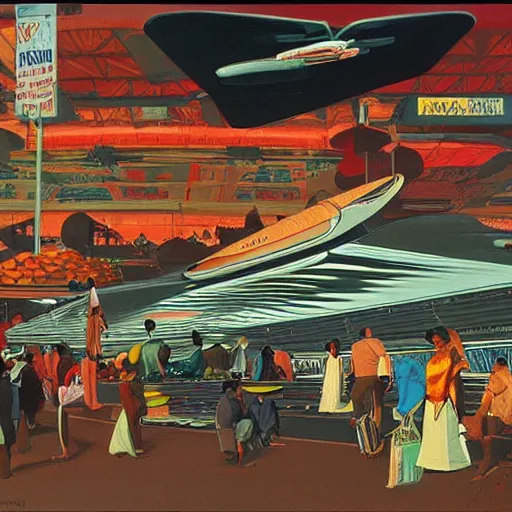 Image similar to a syd mead painting of a futuristic indian market with spaceship in the far back
