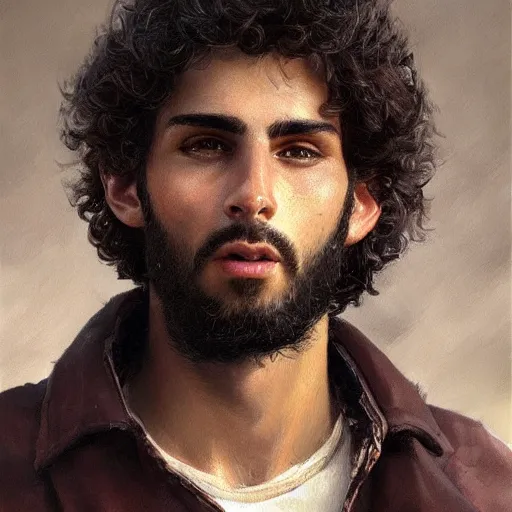 Prompt: portrait of a young italian male, dark shoulder length very curly hair, round nose, angular eyebrows, short patchy beard, closeup portrait, elegant, highly detailed, oil painting, artstation, concept art, matte, sharp focus, illustration, hearthstone, art by earl norem