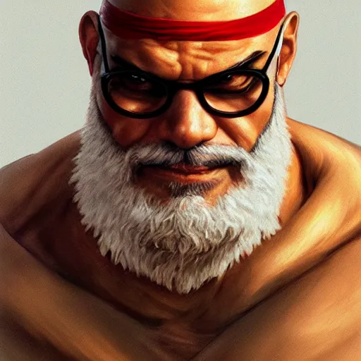 Image similar to david cross as sagat street fighter, wearing one eye patch, 4 k, ultra realistic, detailed focused art by artgerm and greg rutkowski and alphonse mucha