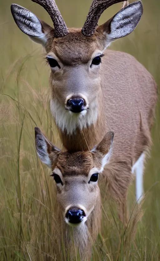 Prompt: a portrait of a mighty deer with fluffy feathers looking straight in the camera, there is tall grass, forest in the background, phenomenal photography, ambient light, 8 5 mm f 1. 8 full frame camera