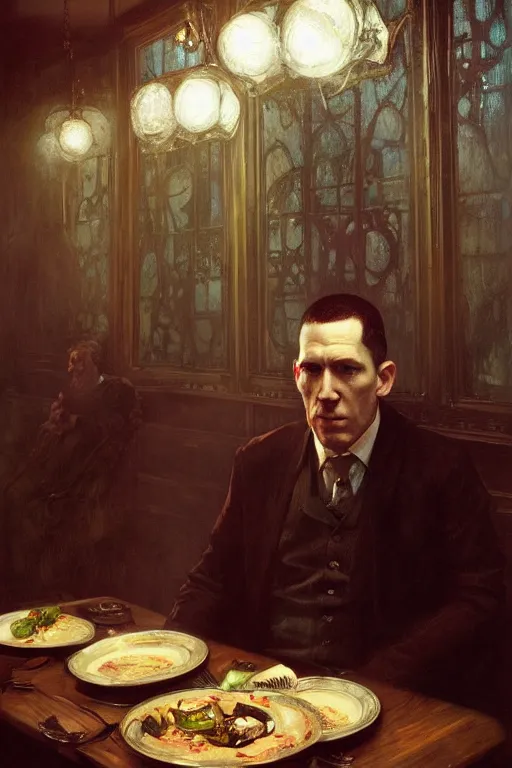 Prompt: , h p lovecraft eating soup at the victorian dining room hyperrealistic portrait, bladerunner street, art of elysium by jeremy mann and alphonse mucha and greg rutkowski, fantasy art, photo realistic, dynamic lighting, artstation, poster, volumetric lighting, very detailed face, 4 k, award winning