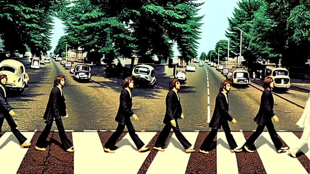 Image similar to The Beatles!! made of Honey!! on abbey road, film still from the movie directed by Denis Villeneuve, wide lens