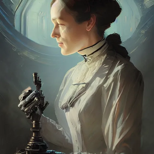 Prompt: a dapper victorian woman with a glowing cybernetic heart, chiaroscuro, sci fi character portrait by greg rutkowski, craig mullins