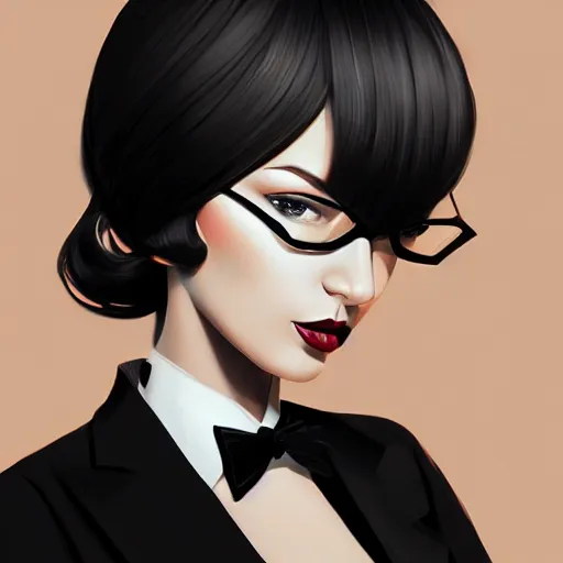 Image similar to slim girl in black tuxedo, corporate boss, luxury, 2d, ultra highly detailed, smooth, sharp focus, digital art, digital painting, elegant, artstation, by Ilya Kuvshinov