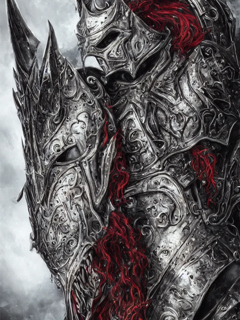 Image similar to portrait art of 8k ultra realistic undead witch king of angmar, red eyes, exquisite helmet detail , detailed intricate ornate armour,eldritch horror, cybernetic, full of colour, cinematic lighting, battered, trending on artstation, 4k, hyperrealistic, focused, extreme details,unreal engine 5, cinematic, masterpiece, art by ayami kojima, giger