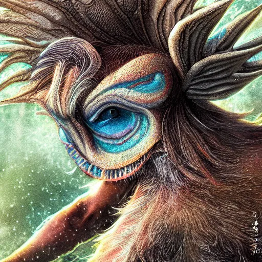 Prompt: a small mythical creature, close shot, stunning detail, highly detailed digital art