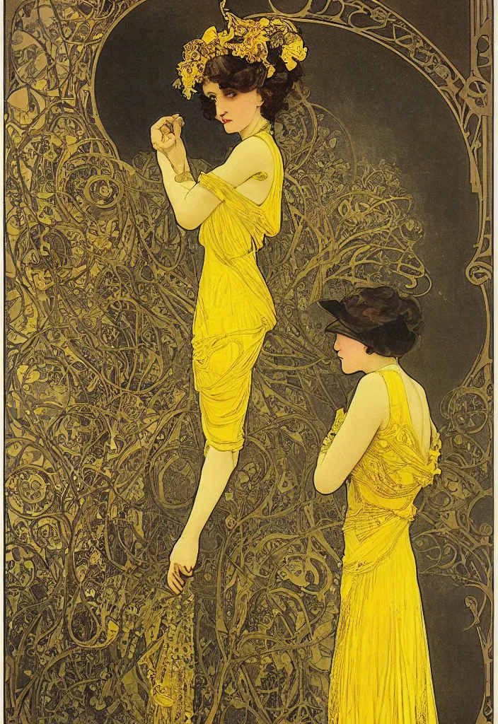 Image similar to a young woman looks deeply into the viewer, 1920's london street, art nouveau, extravagant fashion, intricate yellow dress with gold trims, lacey, dark streets, grungy, style of and by alphonse mucha, color painterly