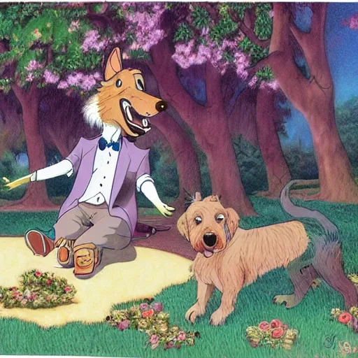 Prompt: two dogs at a date in a park by don bluth, artwork, detailed, beautiful