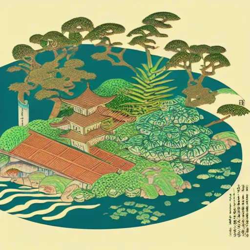 Prompt: 3d isometric botanical illustration of a small city in an island surrounded by water, diego rivera in Ukiyo-e style, HD, motion frame 1/10