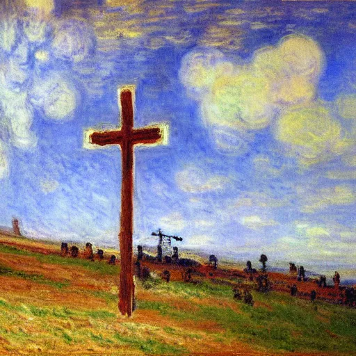 Image similar to painting of three empty 1st century crucifixion crosses on calvary hill, miraculous cloudy backdrop, by Monet, wallpaper, hd