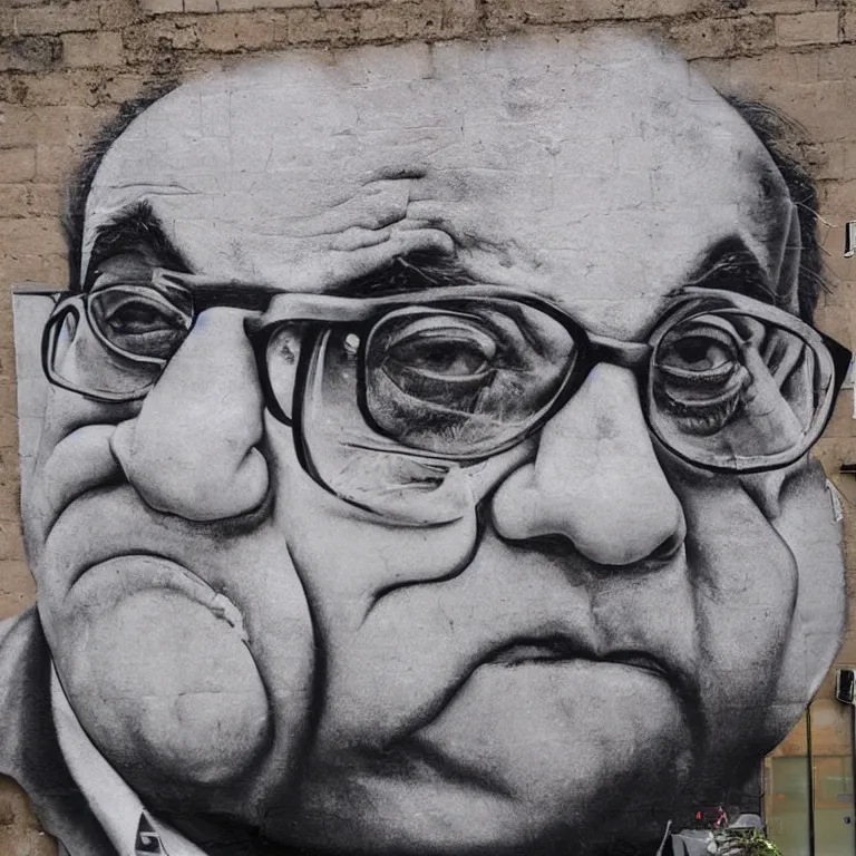 Image similar to Street-art portrait of Danny DeVito in style of Banksy, photorealism