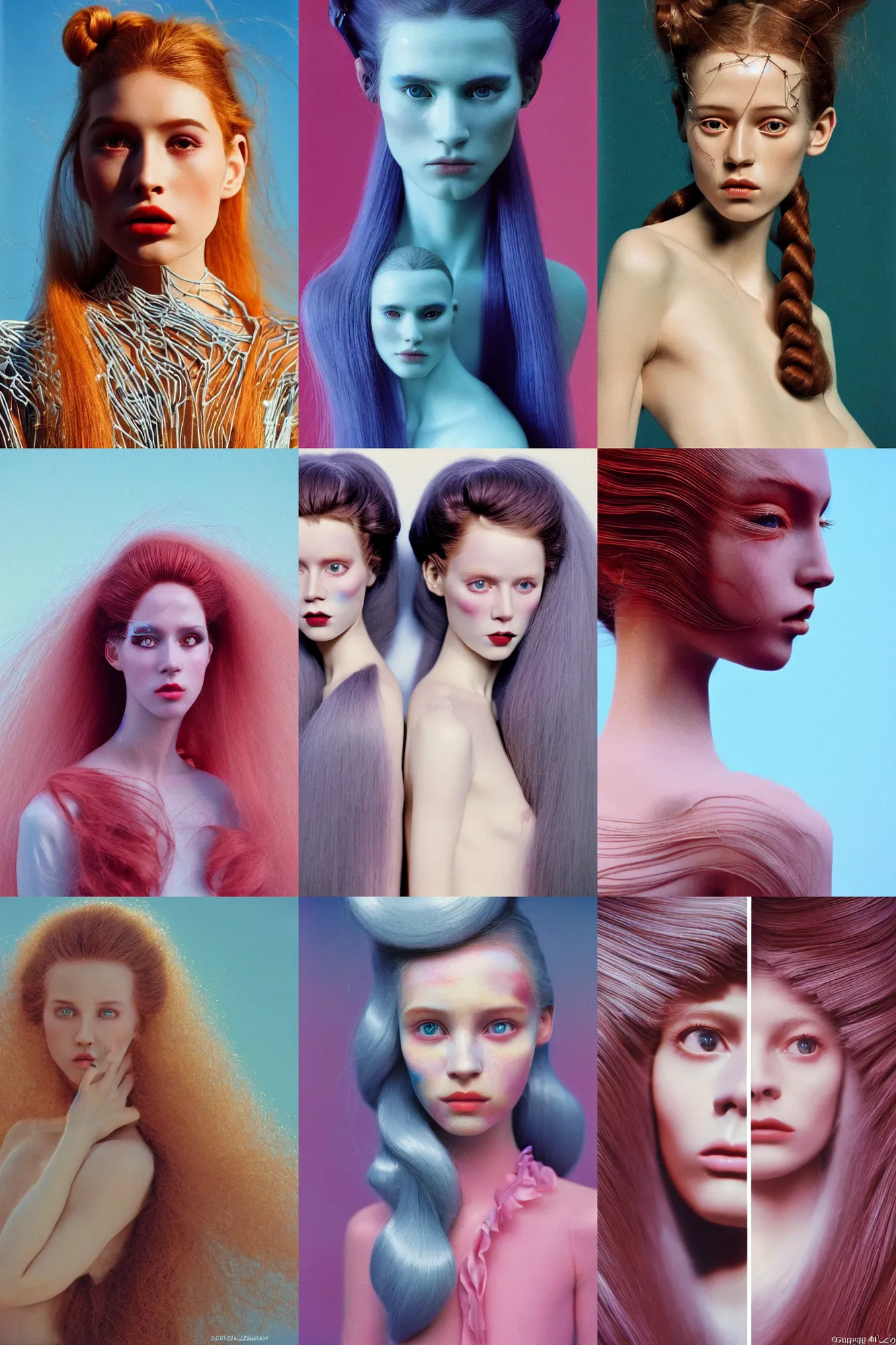 Prompt: Cinestill 800t, 8K, 35mm; beautiful ultra realistic minimalistic kinetic sculpure (1990) film still scene, 1990s frontiers in human anthropomorphic double helix hair fashion magazine September Agnieszka Lorek retrofuturism Holy Herndon in wes anderson edition, highly detailed, extreme closeup three-quarter portrait, tilt shift glass background, three point perspective, focus on model;white hair;body suit;open mouth;eye contact;pointé pose, soft lighting