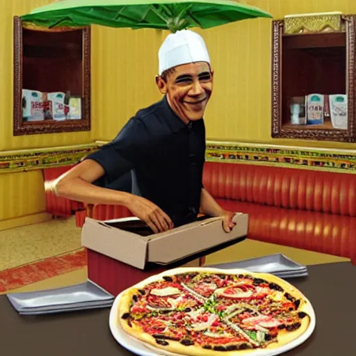 Prompt: “ diorama of barack obama serving pizza at an olive garden, actual photo, kind of like chuck e. cheese ”