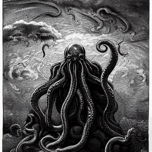 Image similar to a traditional portrait of cthulhu, night, clouds, illustration by Gustave Doré