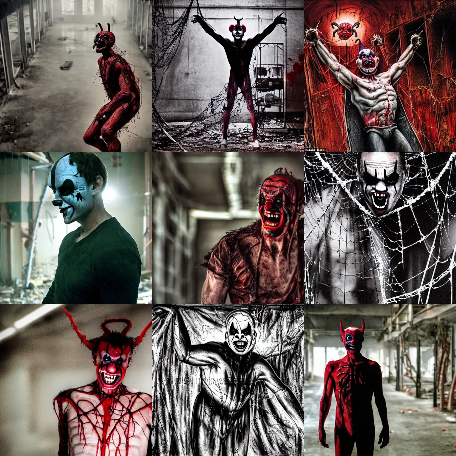 Prompt: tom cruise as a daemon-clown devouring the human soul, in an abandoned factory, spooky , spiderwebs, veins, arteries, full frame, highly detailed