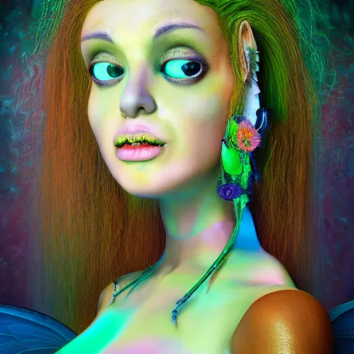 Image similar to Portrait of salvia trip faerie goddess Ariana Grande. Claymation. intricate abstract. intricate artwork. nightmare fuel. by Dave McKean. octane render, trending on artstation, greg rutkowski very coherent symmetrical artwork. cinematic, hyper realism, high detail, octane render, 8k, iridescent accents