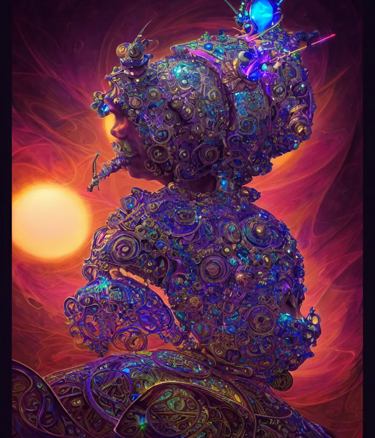 Image similar to front shot of a court jester character, hyperdimensional, bioluminescent hypercubes, dark holography!!!, sunset psychedelic, chrome, (((intricate))), elegant, highly detailed, centered, (((artstation, concept art, smooth, sharp focus, artgerm, Tomasz Alen Kopera, Peter Mohrbacher, donato giancola, Joseph Christian Leyendecker, WLOP, Boris Vallejo))), mugshot!!!!!, ugly!!!!!!, octane render, nvidia raytracing demo, octane render, nvidia raytracing demo, octane render, nvidia raytracing demo, grainy, muted, 8K, digitalblasphemy, metatron