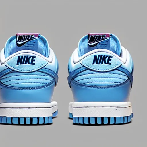 Prompt: a press photograph of nike dunk low baby blue and white, size 1 0, white background