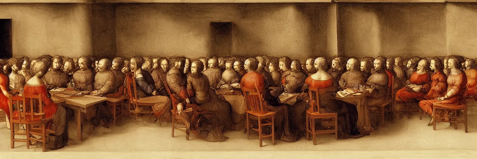 Image similar to a beautiful Leonardo Vavinci illustration of a table where smart people sit and listen to a TED lecture