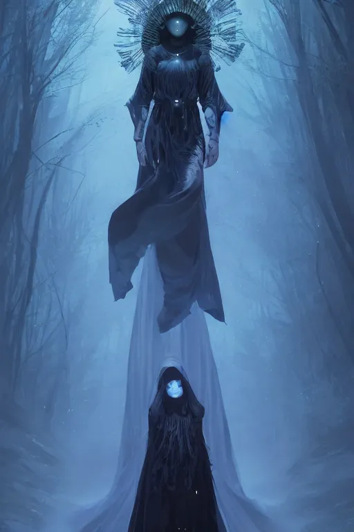 Prompt: a full body portrait of a mysterious goddess with a very long hooded cloak made of stars and clouds walking through a forest,, by maciej kuciara and jason chan and makoto shinkai, ominous, cosmic horror, trending on artstation, ultra detailed, hyper realistic 4 k, volumetric light