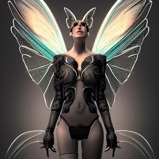 Image similar to a beautiful cyberpunk faerie with large wings in a dynamic pose, symmetrical face, art by Casimir, Artgerm, Travis Charest, melting, artstation character design, negative space, highly detailed, rendered in octane, dynamic lighting, cinematic