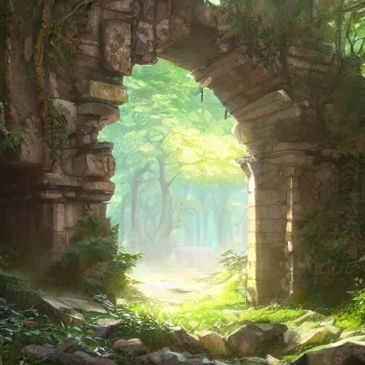 Prompt: concept art painting of an ornate ancient stone archway, in the woods, deep forest, realistic, detailed, cel shaded, in the style of makoto shinkai and greg rutkowski and james gurney