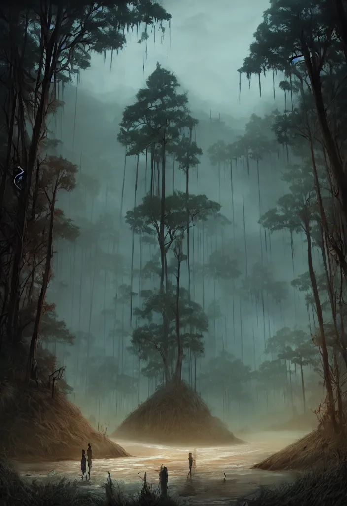 Image similar to forgotten society of tribal natives, large evil totems, gloomy sparse forest surrounding the blood rivers flowing through beach, visual novel key visual, award - winning digital art on pixiv, trending on artstation - cinematic lighting, dramatic lighting, stunning and beautiful scenery - highly detailed, hyperrealistic, unreal engine 5, in the style of kingdom hearts