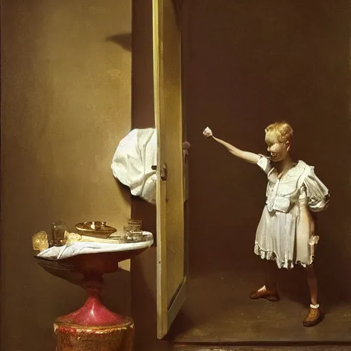 Prompt: a surreal painting by willem claesz heda of a doorway to pure imagination. one of them is a mannequin, intricate, elegant, masterpiece, trending on artstation, extremely detailed, dreamscape, fantasy, magical