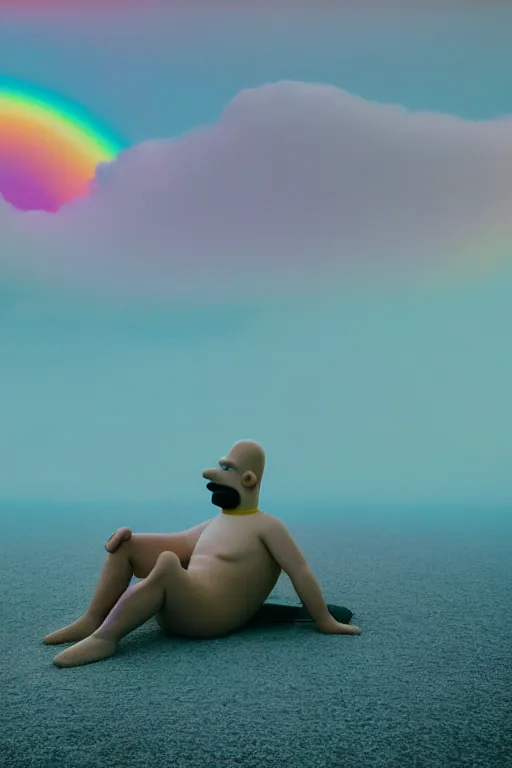 Image similar to high quality pastel coloured film close up wide angle photograph of homer simpson wearing clothing swimming on cloud furniture in a icelandic black rock environment in a partially haze filled dreamstate world. three point light, rainbow. photographic production. art directed. pastel colours. volumetric clouds. pastel gradient overlay. waves glitch artefacts. extreme facial clarity. 8 k. filmic.