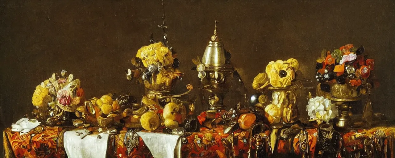 Prompt: an elegant still life with jewelled longsword in a vase and helmet on table by jan davidsz. de heem