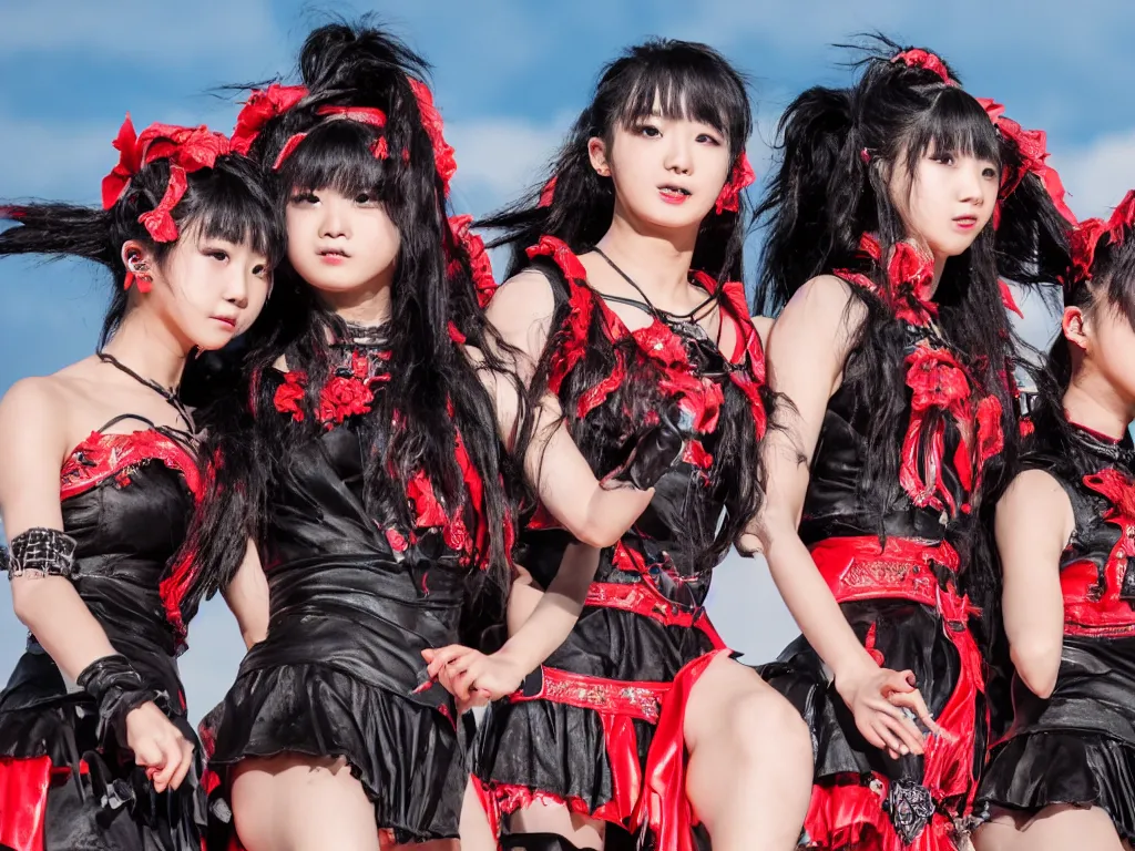 Image similar to babymetal performing on a tropical beach beautiful, scenery, 3 members, high detail, High Definition detail, 8K, photography