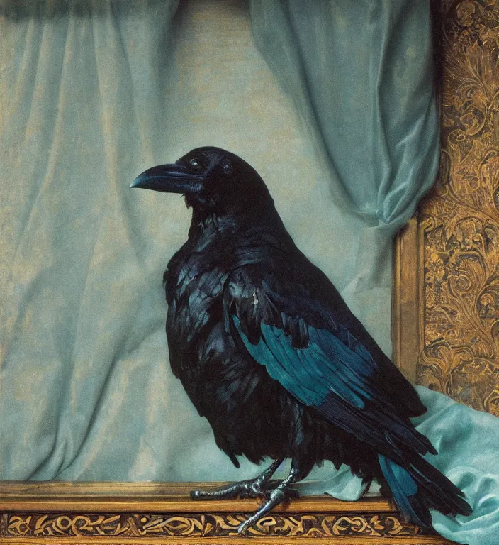 Image similar to a beautifully photoreal clear detailed victorian portrait of a close up raven on a victorian windowsill with an ornate velvet dark teal curtain at beautiful sunset daytime nature sunlit painting by frederic leighton and turner and rosetti and morris, 8 k, octane render