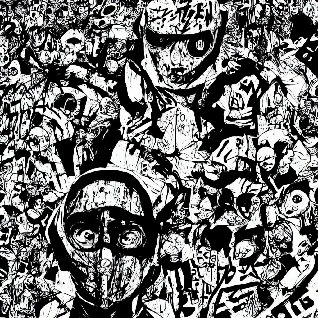 Image similar to faceless human figures, kazuo umezu artwork, jet set radio artwork, stripes, tense, space, skimask, balaclava, ominous, minimal, cybernetic, cowl, dots, stipples, lines, hashing, thumbprint, dark, eerie, circuit board, crosswalks, guts, folds, tearing, painting