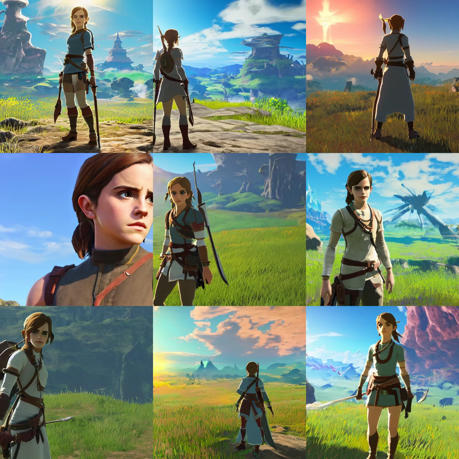 Prompt: full body emma watson screenshot from Breath of the Wild 4k screenshot post processing god rays global illumination