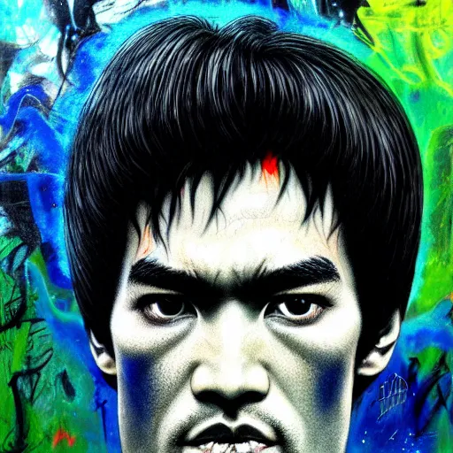 Image similar to a demon slayer portrait of bruce lee, tall, pale - skinned, and slender with lime green eyes and long eyelashes by stanley artgerm, tom bagshaw, arthur adams, carne griffiths, trending on deviant art, street art, face enhance, chillwave, maximalist, full of color, glittering