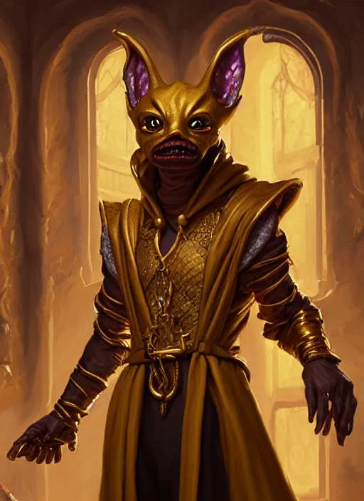 Prompt: a _ fantasy _ style _ portrait _ painting _ of a humanoid gold kobold male in wizard robes in a store selling things, oil _ painting _ unreal _ 5 _ daz. _ rpg _ portrait _ extremely _ detailed _ artgerm _ greg _ rutkowski _ greg