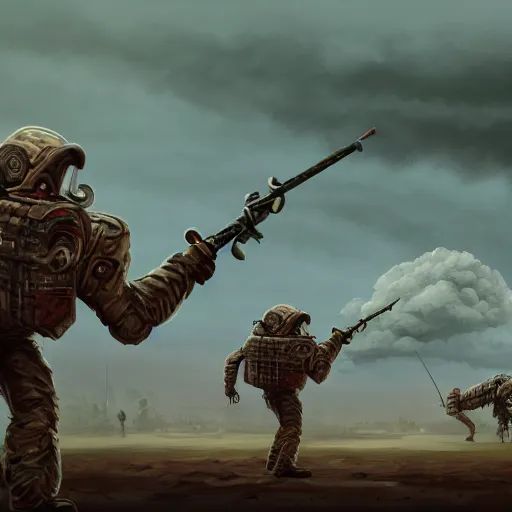 Image similar to comedian performing in a brutal battle field, stand-up comedy, dead laughing bodies on the ground, nuclear cloud in the far horizon, intricate, highly detailed, digital painting, trending on artstation, concept art, smooth, sharp focus