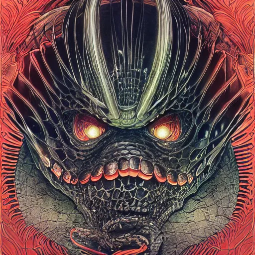 Image similar to portrait of dark reptile, symmetrical, by yoichi hatakenaka, masamune shirow, josan gonzales and dan mumford, ayami kojima, takato yamamoto, barclay shaw, karol bak, yukito kishiro