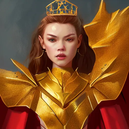 Image similar to a portrait of a beutifull women , golden armor with diamonds , bright red cape on her back , red puppils , queen crown on top of her head , fantasy , artstation , by wlop , ross tran, peter xiao , dao lee