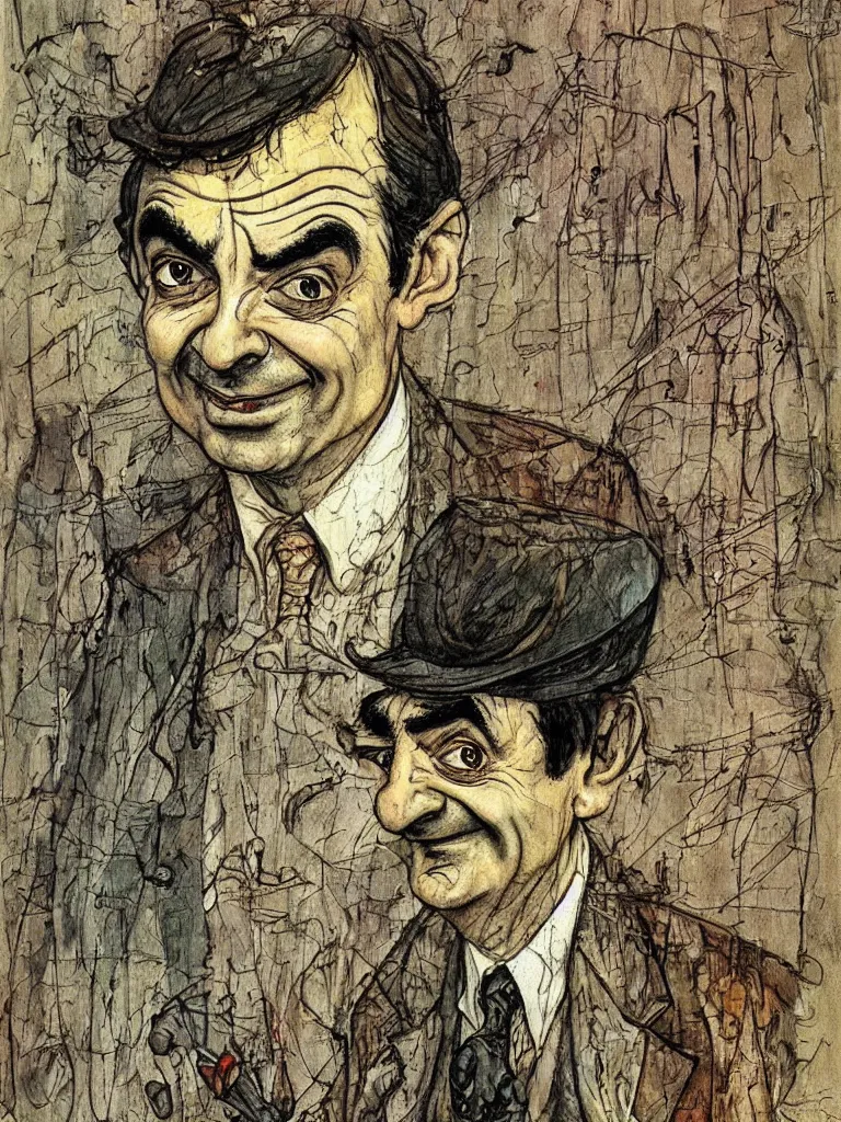 Prompt: 'Mr. Bean by Anton Pieck, Arshile Gorky, Arthur Rackham, Carne Griffiths'