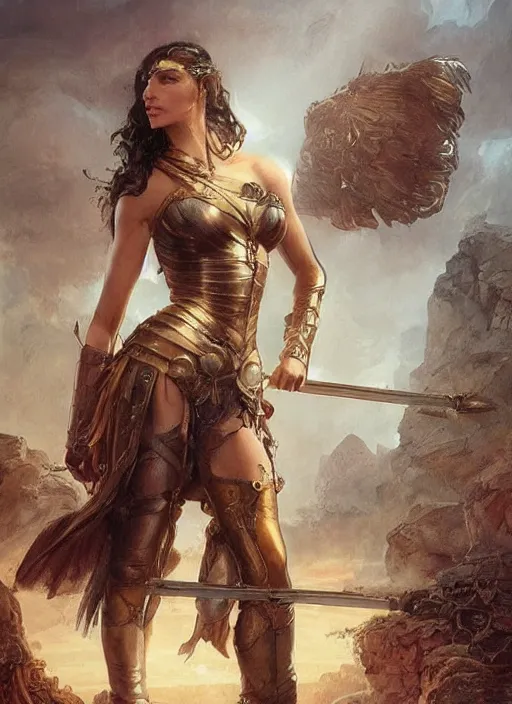 Prompt: highly detailed steampunk gal gadot with blond hair, standing, iron age : leonardo da vinci, greg rutkowski, magali villeneuve