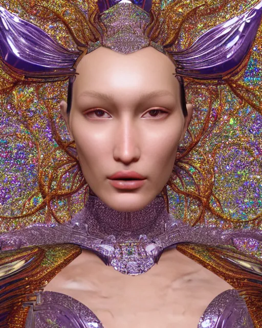 Prompt: a highly detailed metahuman 8 k close up render of bella hadid as surrealism renaissance in iris van herpen dress schiaparelli in diamonds crystals swarovski and jewelry iridescent in style of alphonse mucha gustav klimt trending on artstation made in unreal engine 4