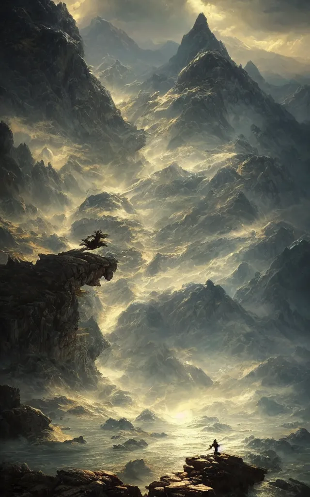 Image similar to high mountains and flowing water, stunning golden chinese dragon hovering, majestic and shocking scenes, thunder, magnificent fantasy scenes, the light of tyndall, james gurney, greg rutkowski, unreal engine, art station