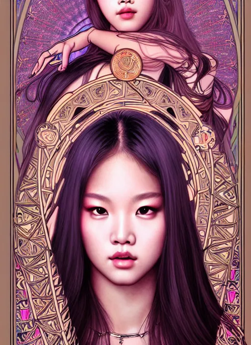 Image similar to jennie manoban of blackpink, tarot card, highly detailed, digital painting, smooth, sharp focus, illustration, ultra realistic, 8 k, art by artgerm and alphonse mucha