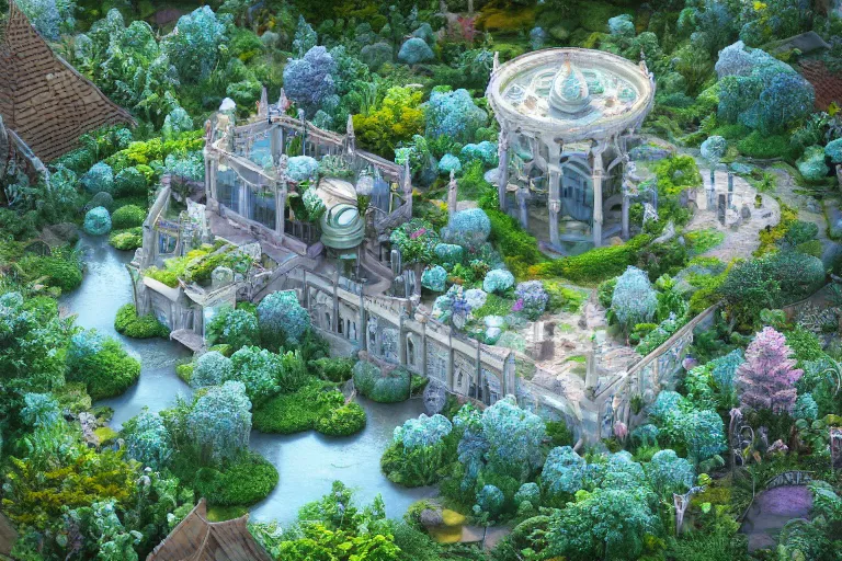 Prompt: Miniature opalescent palace with gardens and a pond, by Pranckevicius, aerial view. Octane render