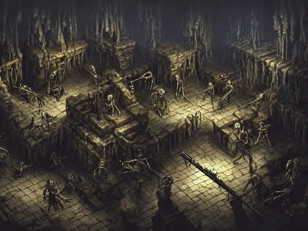 Prompt: a dungeon with skeletons creatures holding assault rifles, artstation, volumetric light, high detail, reflections, perfect, concept art, hdr, 4 k